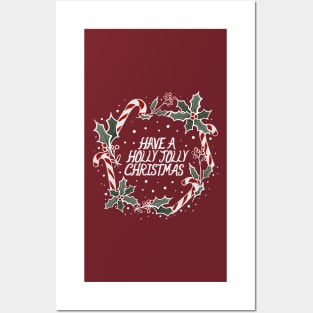 Have a Holly Jolly Christmas Candy Cane and Holly Wreath Lettering Digital Illustration Posters and Art